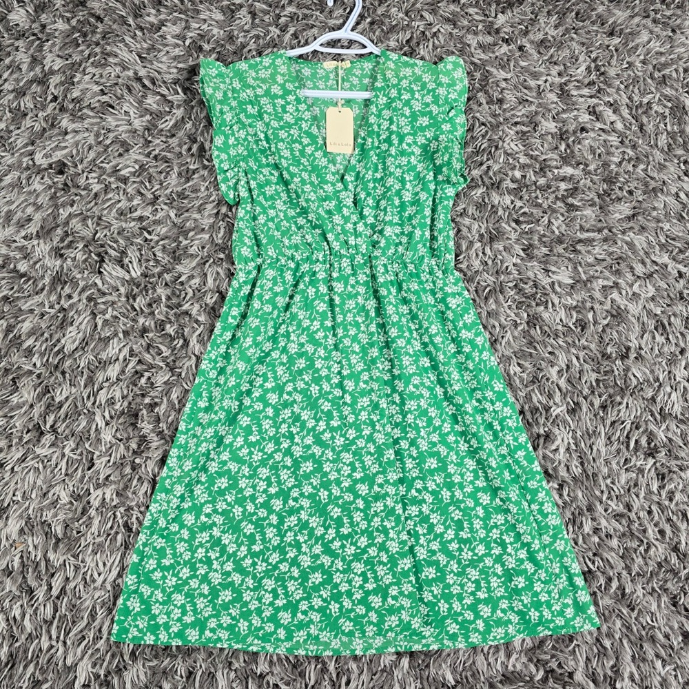Lili & Lala Green Floral Wrap V-Neck Ruffle Sleeve Mini Dress Womens Medium NEW